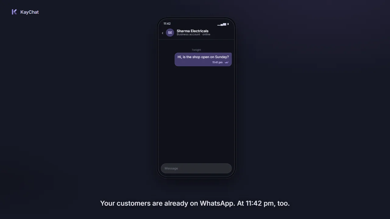 KayChat product video: a customer messages a shop on WhatsApp late at night, the conversation lands in the shared inbox, the AI assistant answers from the shop’s own documents, a teammate takes over, and an update goes out through the API.